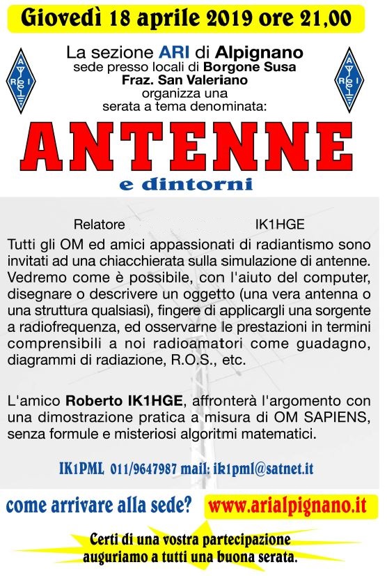 Locandina Antenne e dintorni giovedì 18 aprile 2019 Borgone di Susa (TO)